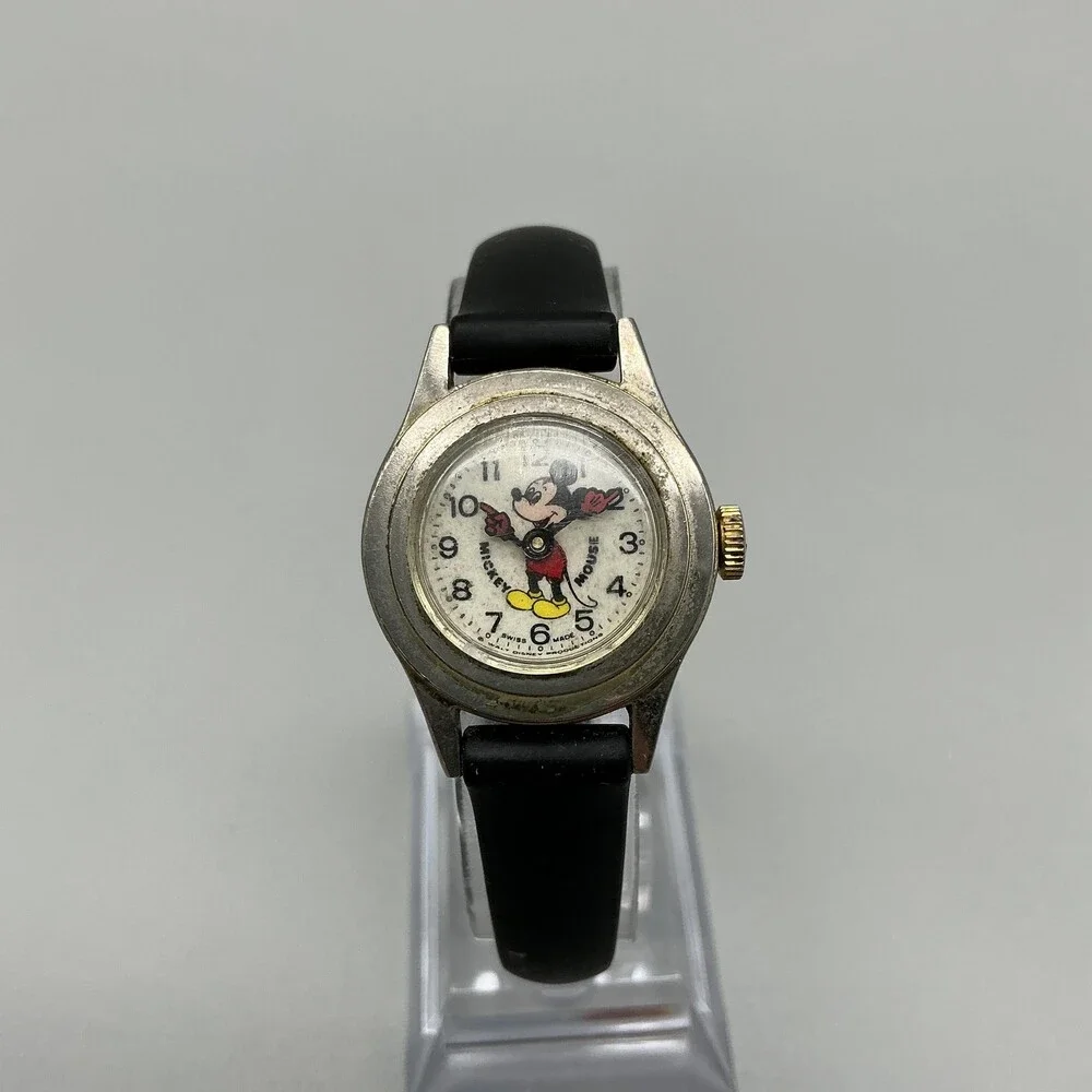 Vintage Bradley Boys Watch 26mm Mickey Mouse Swiss Manual Black Rubber Strap